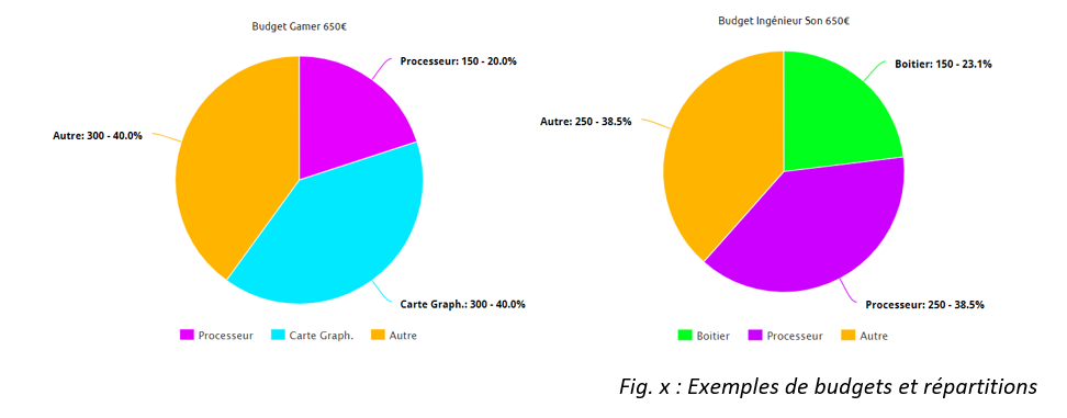 Schéma en camembert avec des couleurs flashs, démontrant des exemples de répartitions de budget pour l'achat de composants d'un PC
