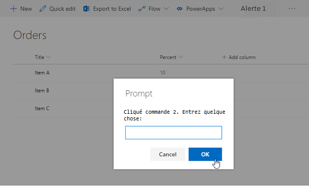 Une alerte avec une valeur à entrer pour SharePoint
