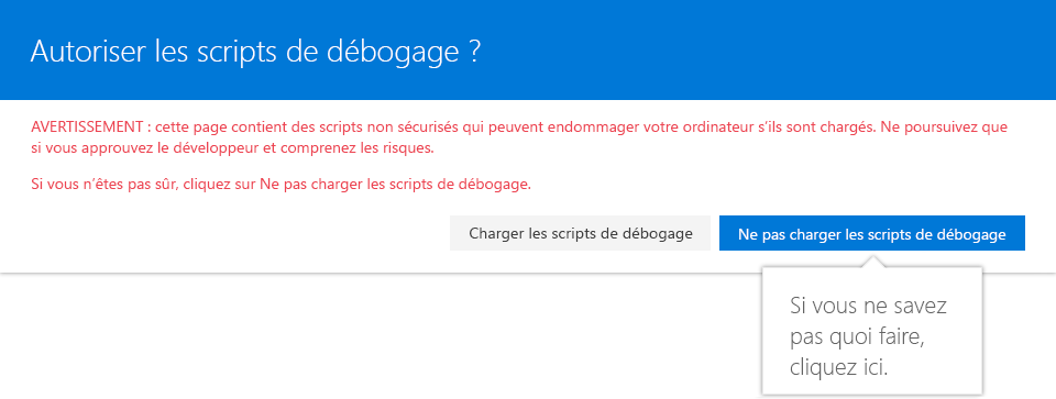 Page autorisant les scripts de débogage pour SharePoint